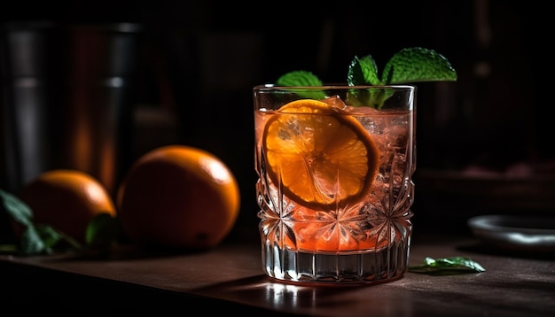 Fresh cocktail with citrus fruit on rustic table generated by AI