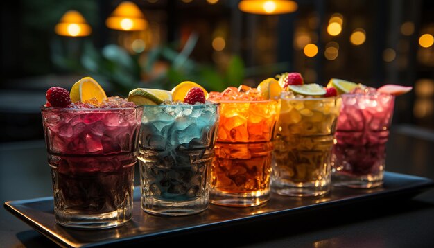 Fresh cocktail with ice fruit and colorful garnish at bar generated by artificial intelligence