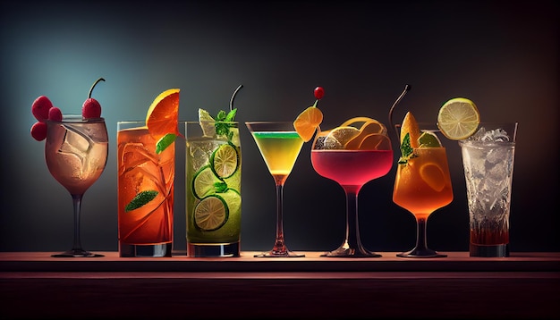 Свежие коктейли со льдом, лимоном, лаймом и фруктами, генеративный AI