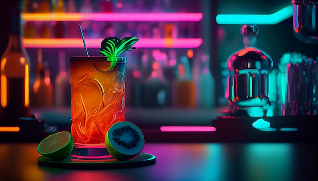 Fresh cocktails with lime and fruit on table generative AI