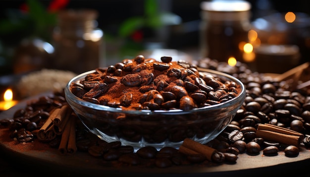 Бесплатное фото Свежие кофейные зерна на деревянном столе темный фон ароматический аромат, генерируемый искусственным интеллектом