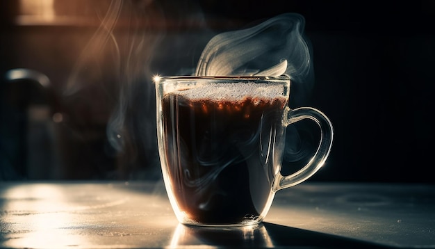 AI によって生成された 1 つの暗いマグカップから新鮮なコーヒーの蒸気が立ち上る