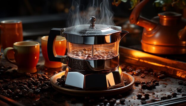 Бесплатное фото Свежий кофе парит на деревенском деревянном столе, создавая тепло, создаваемое искусственным интеллектом.