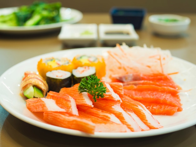 Fresh colorful Japanese food on the white plate