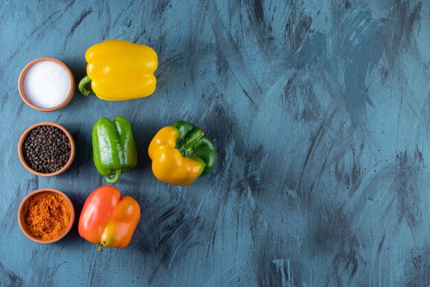 Fresh colorful organic peppers and condiments on blue background. 