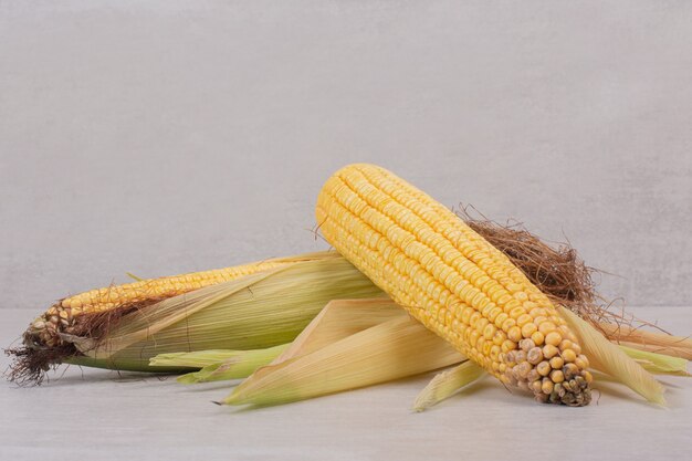 Fresh corns on cobs on white.