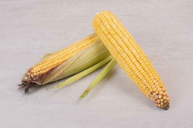 Fresh corns on cobs on white.