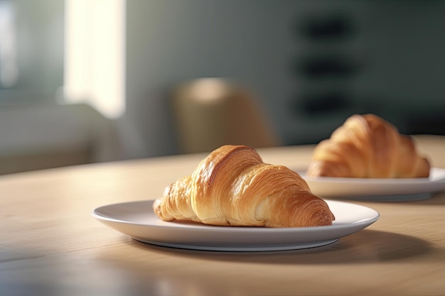 Fresh croissants on a white plate in the kitchen Ai generative