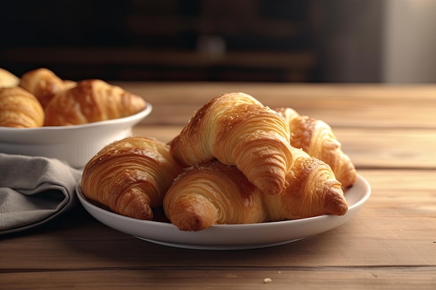 Fresh croissants on a white plate in the kitchen Ai generative