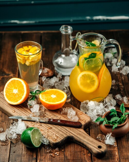 Fresh drinks with lots of ice on table