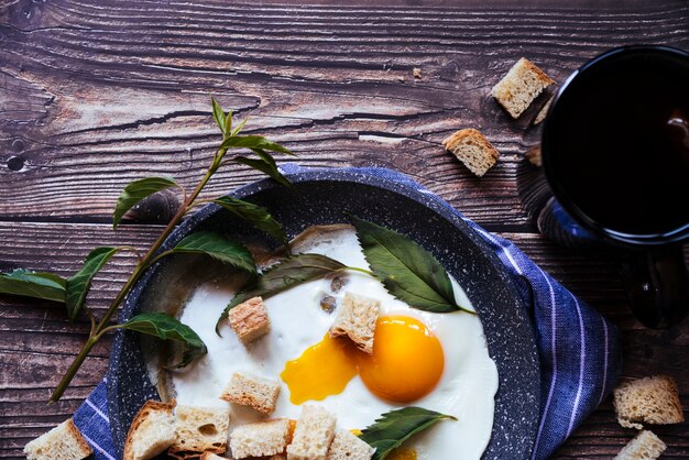 Fresh eggs and tea breakfast