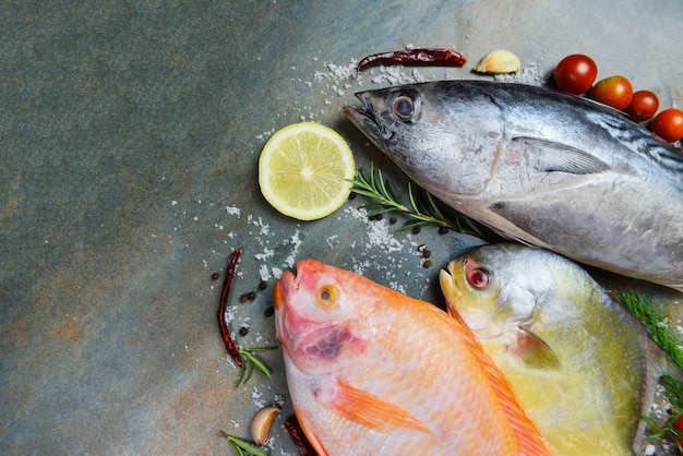 Свежая рыба с пряностями, специи, розмарин и лимонно-чесночный помидор для приготовления пищи. сырая рыба красная тилапия тунец и рыба рысь на темноте