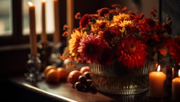 Fresh flower arrangement on rustic wooden table generated by AI