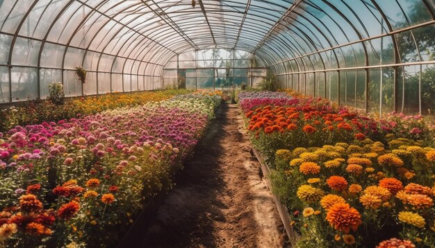 AIが生成した温室植物の苗床に生花が咲く