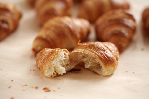 Fresh french croissants on a tablecloth