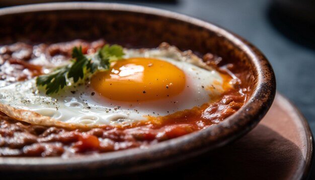 Свежее жареное яйцо на деревенской деревянной тарелке, созданное ИИ