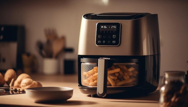 Fresh fruit bowl espresso machine and coffee cup generated by AI