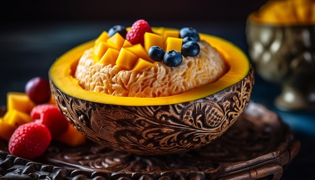 Fresh fruit bowl melon berries and pumpkin generated by AI
