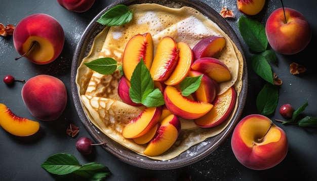 Fresh fruit bowl on rustic wooden table generated by ai