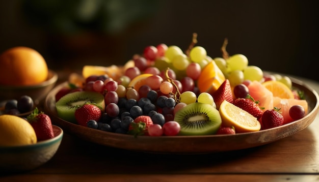 Foto gratuita ciotola di frutta fresca con una sana variazione di bacche generata dall'intelligenza artificiale