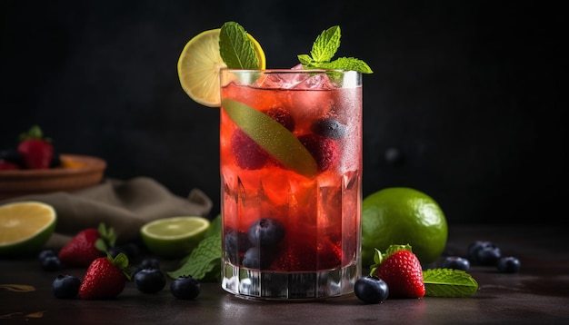 Fresh fruit cocktail with lime mint leaf and citrus slice generated by artificial intelligence