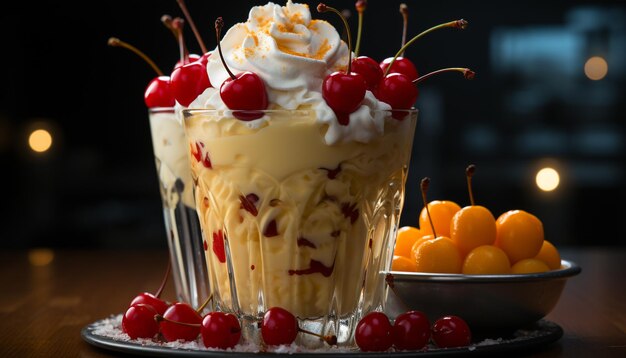 Fresh fruit dessert on wooden table a summer indulgence generated by artificial intelligence