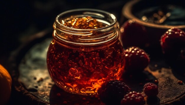 Свежие фрукты и мед в деревенской банке, созданные ИИ
