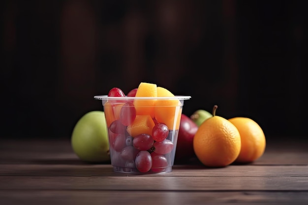 Fresh fruit salad in a plastic bowl for summer AI generative