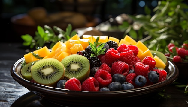 Fresh fruit salad on wooden table healthy and delicious generated by artificial intelligence