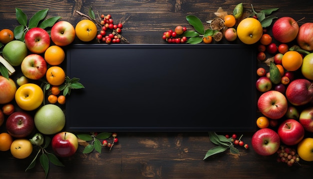 人工知能によって生成された木製のテーブルの上の新鮮な果物は健康的でおいしい選択肢です