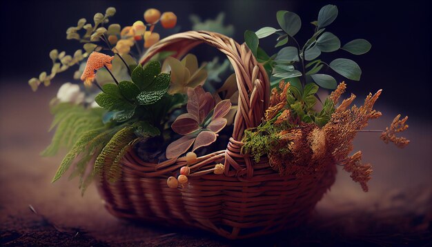 Fresh fruits and veggies in rustic wicker basket generative AI