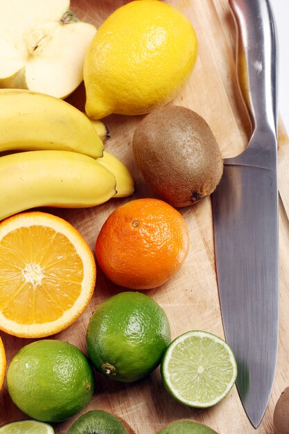 Fresh fruits on wooden board