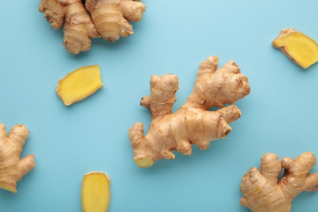 Premium Photo Fresh Ginger Root On Blue Background Vitamins Top View