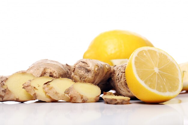 Fresh ginger root and lemon