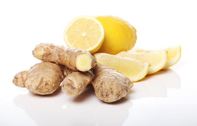 Fresh ginger root and lemon