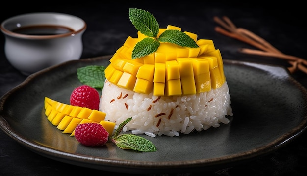 Free photo fresh gourmet fruit salad with coconut cream and mint leaf generated by ai