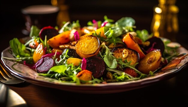 Fresh gourmet salad plate with grilled seafood generated by AI