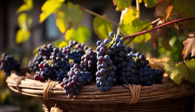 Свежие гроздья винограда в плетеной корзине естественного урожая, полученного с помощью ИИ
