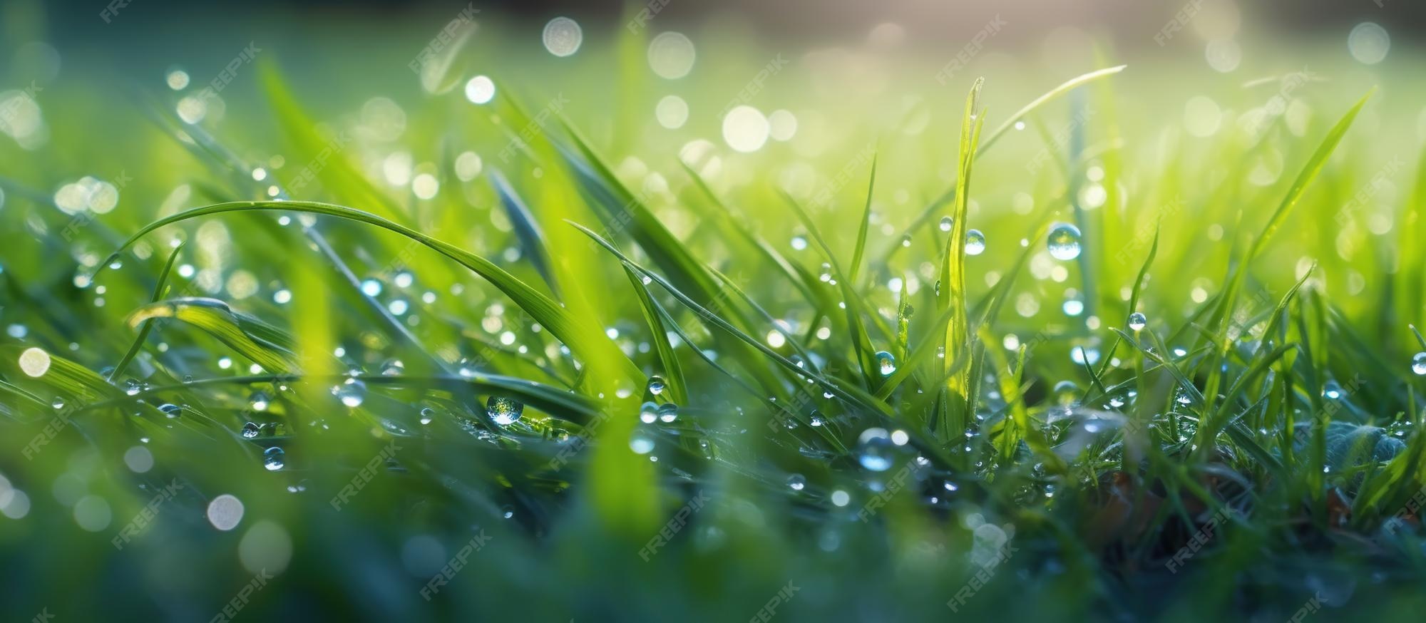 Free Photo | Fresh grass with dew drops ai generated image