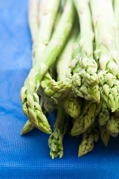 Fresh green asparagus tips on blue background