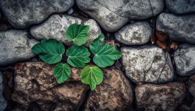 Fresh green growth on stone wall backdrop generated by AI