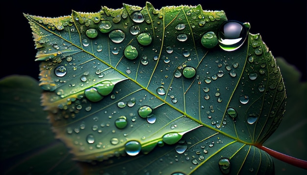 Fresh green leaf up close with dewdrops generated by AI