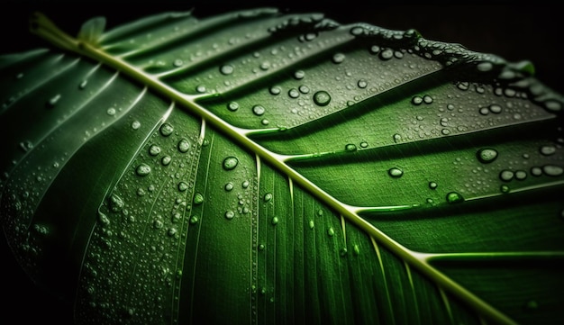 Бесплатное фото Свежий зеленый лист с каплей росы на жилке, сгенерированный ии