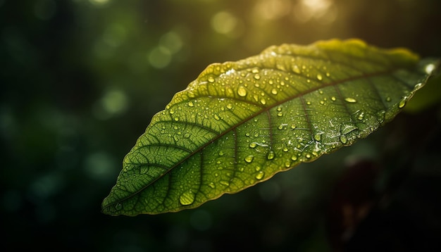 Бесплатное фото Свежий зеленый лист с отражением капли росы, созданным искусственным интеллектом