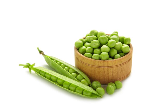 Premium Photo | Fresh green peas in bowl isolated on white background. top  view