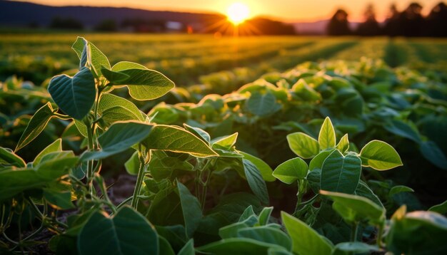 AIによって生み出された活気ある自然の中で新鮮な緑の植物が成長します