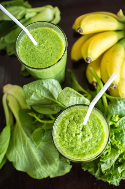 Fresh green smoothie with banana and spinach