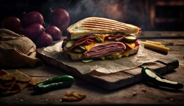 Fresh grilled beef ciabatta sandwich with vegetables generative AI