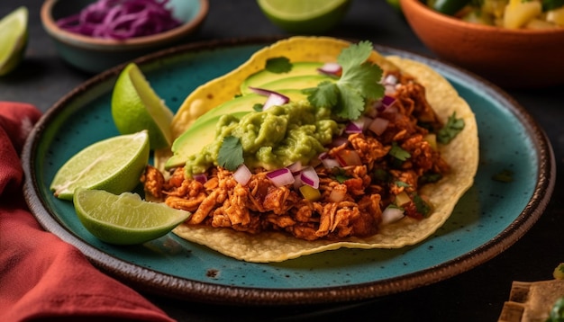 Guacamole fresco e taco di manzo su piatto multicolore rustico generato da ai