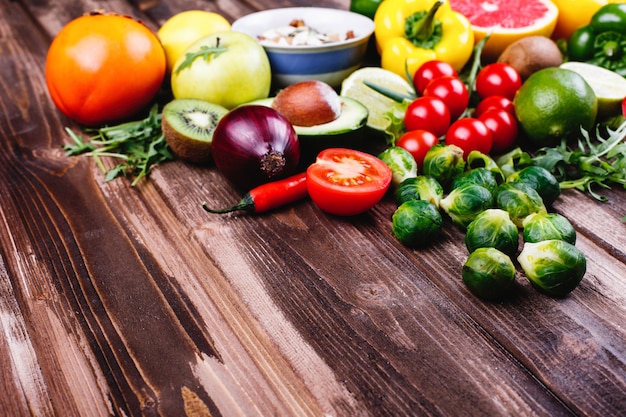 Fresh and healthy food. Avocabo, brussel sprouts, cucumbers, red, yellow and green peppers